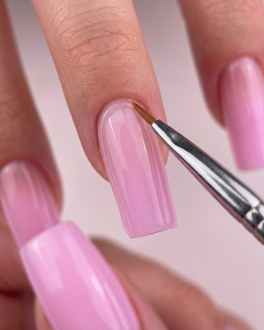 Pinceau de précision appliquant un top coat transparent sur longle carré.