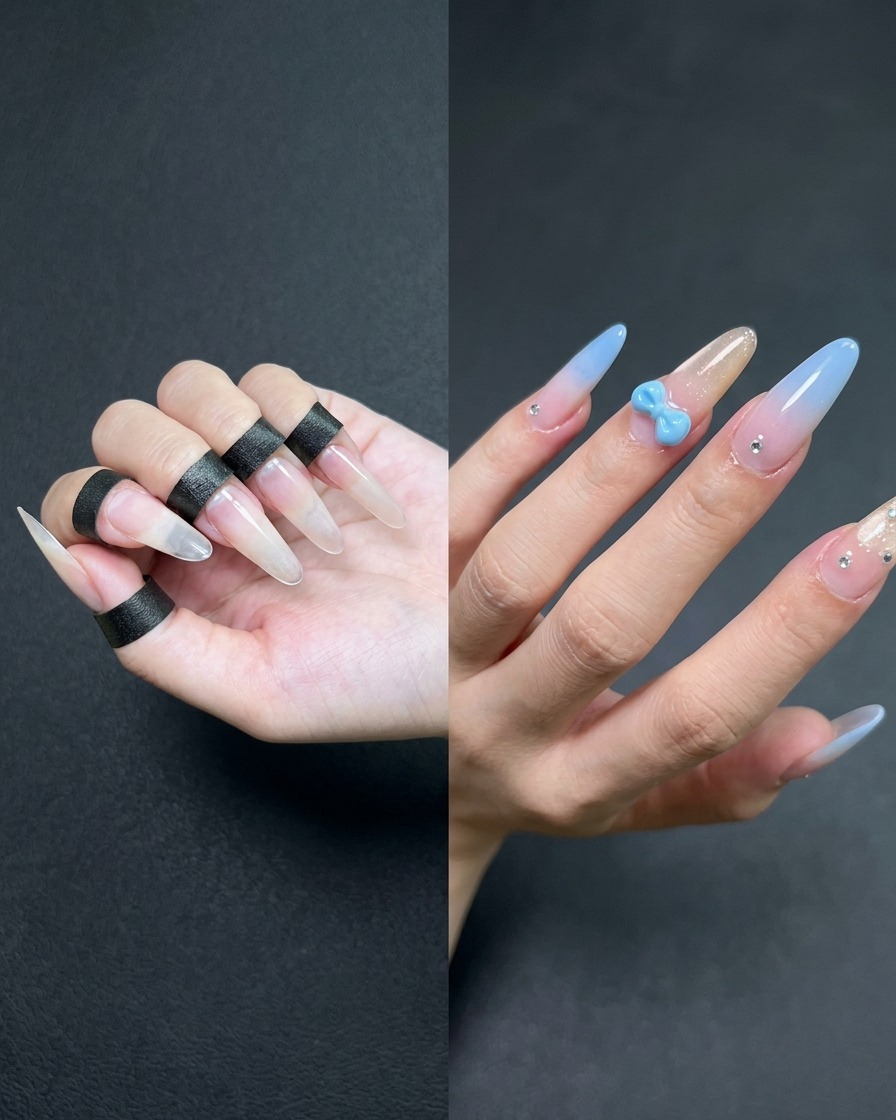 Un pinceau gel plat appliquant un gel nude transparent sur la surface de longle dun index.