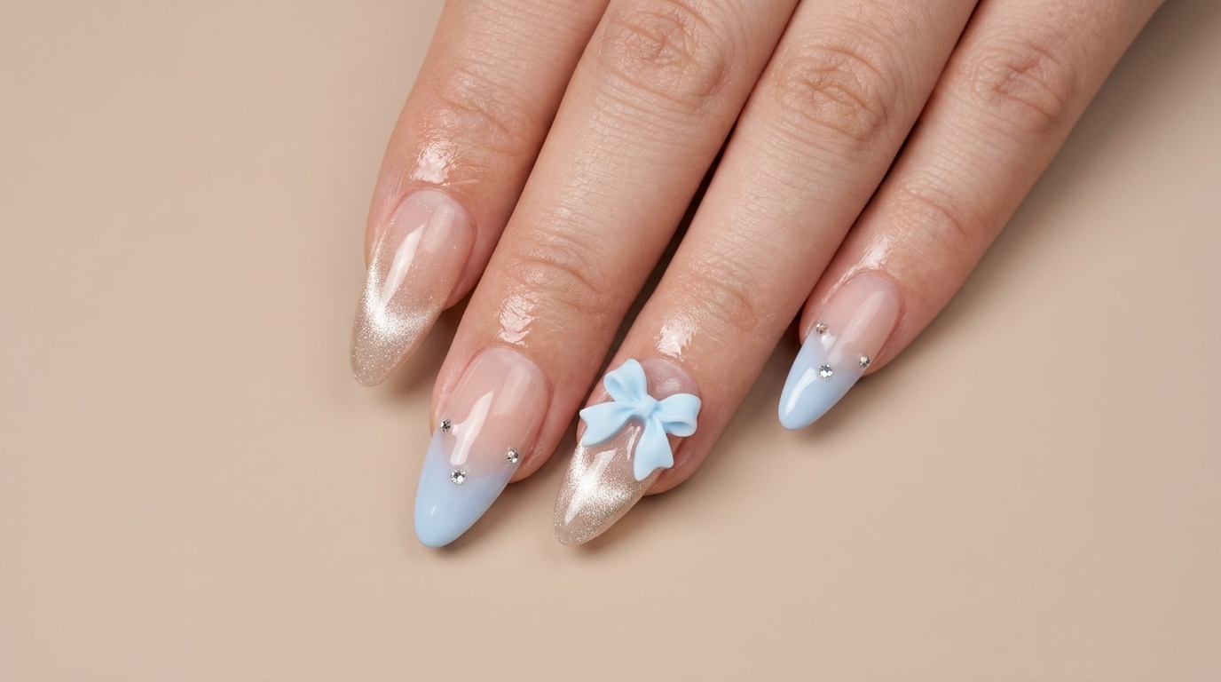 Ongles en gel avec dégradé bleu doux et œil-de-chat champagne, ornés de strass dispersés et dun nœud 3D teinté sur mesure.