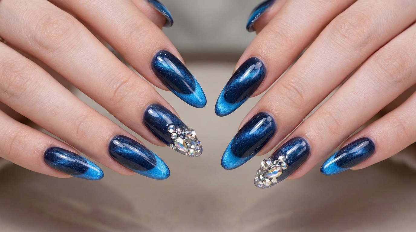 Manucure française « cat-eye » bleu nuit — Tutoriel nail art sophistiqué