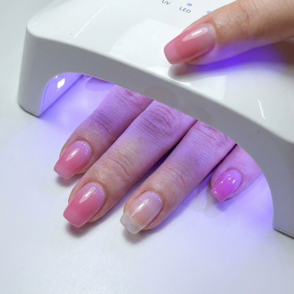 Une main avec des ongles recouverts de gel placée dans une lampe UV/LED blanche, avec une lumière bleue illuminant les doigts.