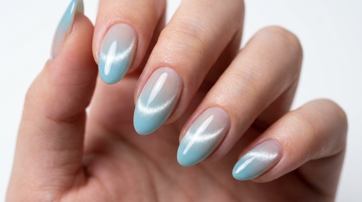 Élégants ongles en amande arborant une base dégradée fluide du bleu vers le nude, rehaussée dun scintillement œil de chat brillant et lumineux sur le côté.