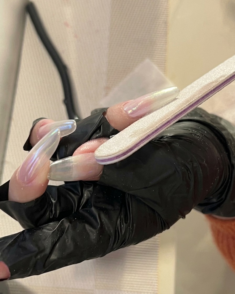 Un plan rapproché dun pinceau à gel appliquant un gel de construction transparent au centre dun long ongle en amande, en sassurant de créer une structure lisse.