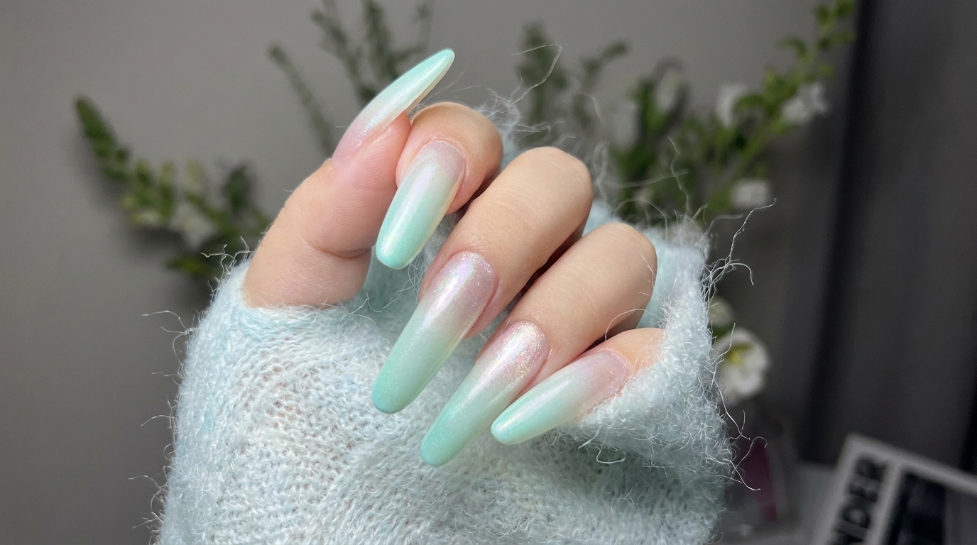 Ongles Dégradés Bleu-Vert Menthe et Effet Aurora — Tutoriel Étape par Étape