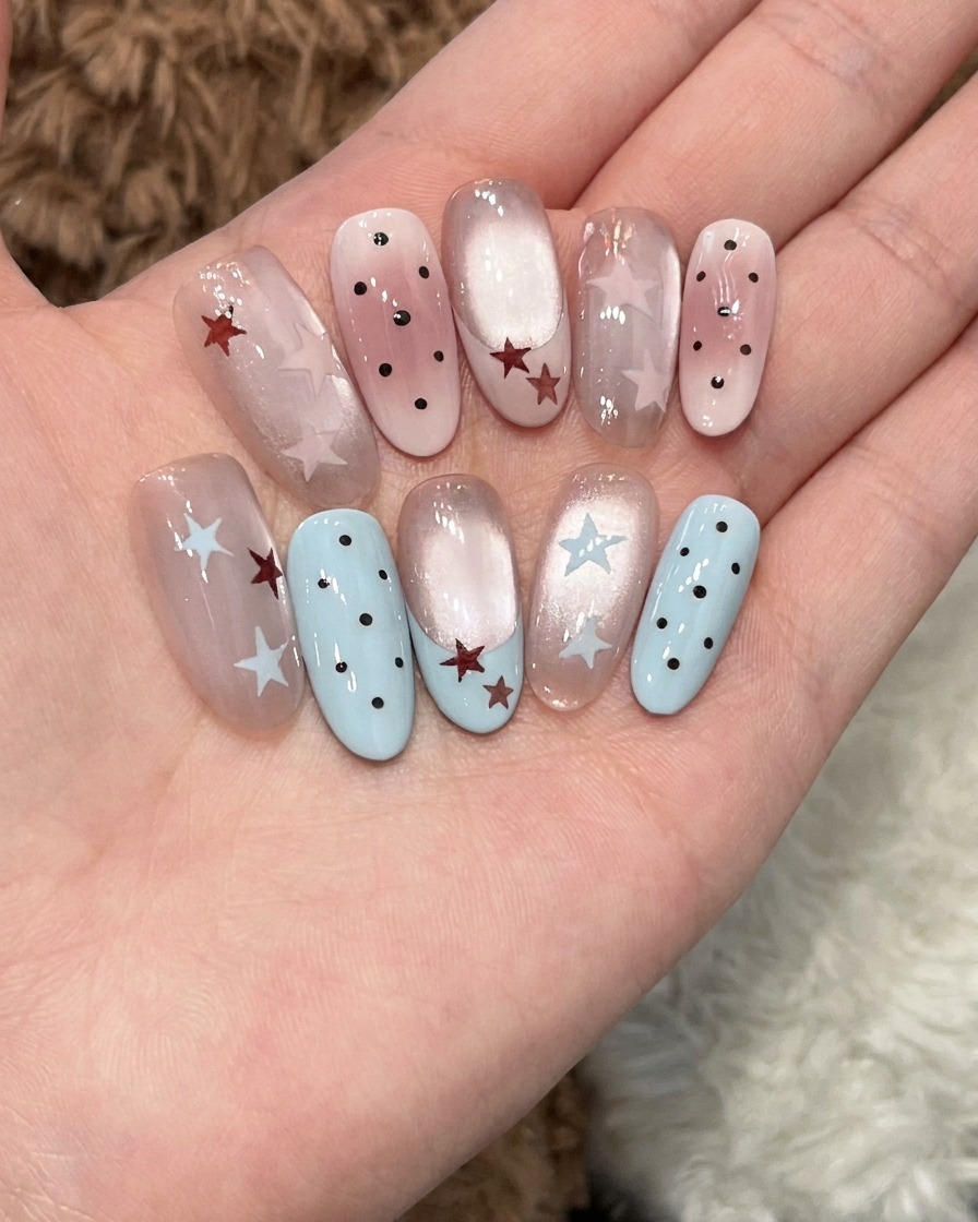 Un pinceau appliquant un top coat transparent et brillant sur des ongles décorés détoiles et dun dégradé cat-eye.