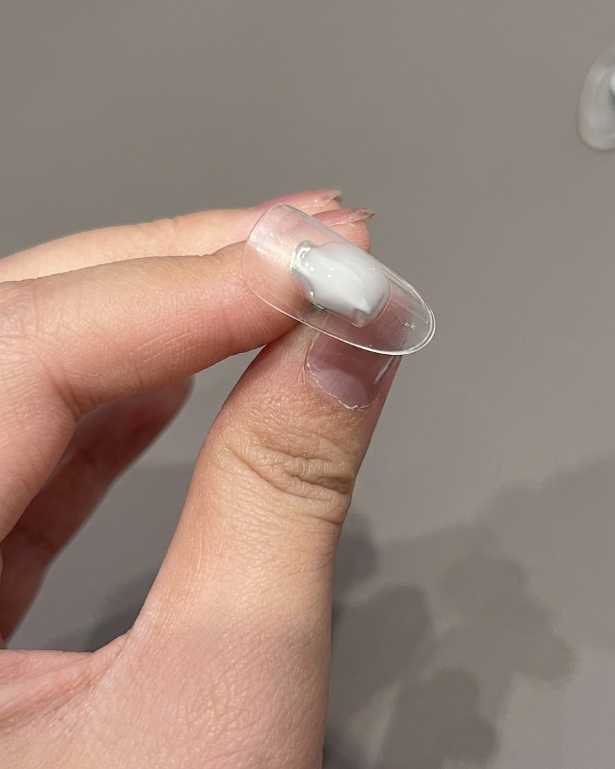 Un pinceau appliquant un top coat transparent et brillant sur un ongle entièrement décoré.