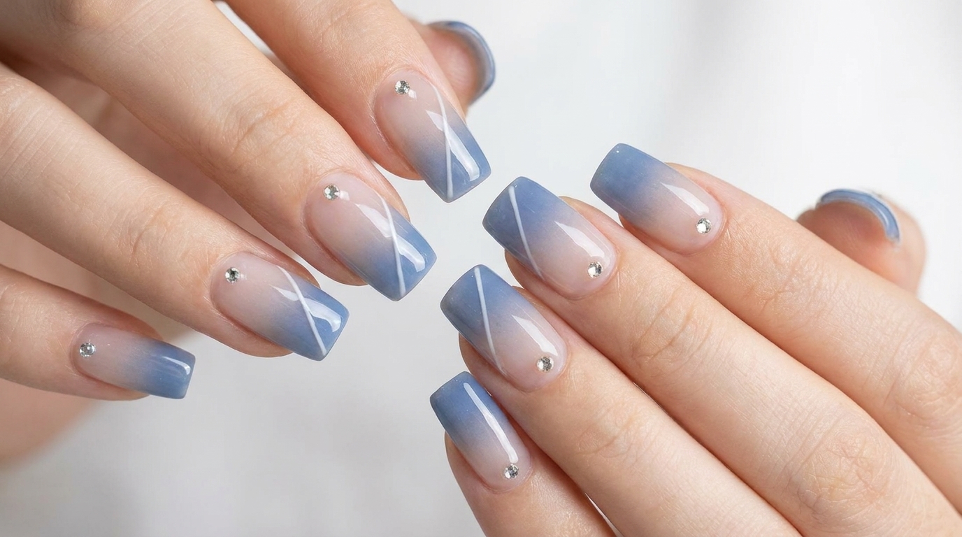 Ongles en Gel Dégradé Bleu et Strass — Tutoriel Étape par Étape
