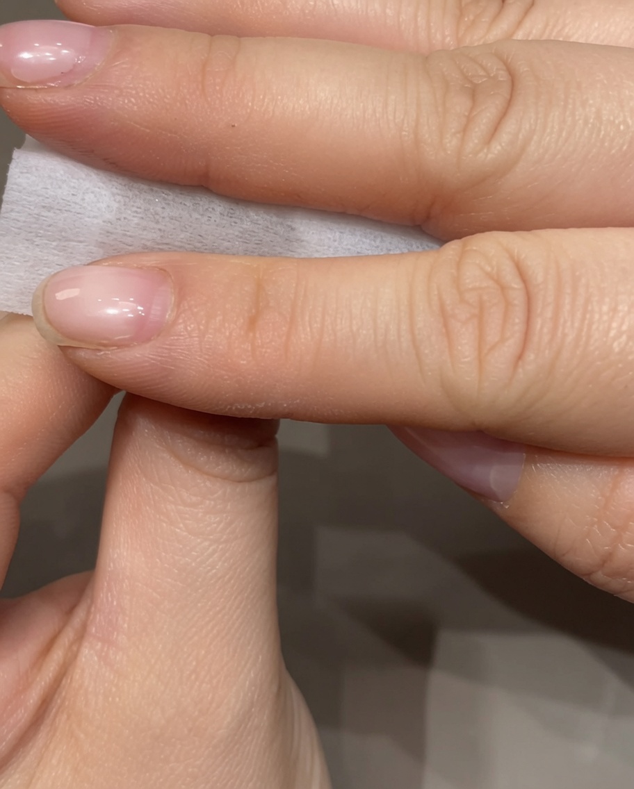 Doigts tenant une lingette non pelucheuse, frottant doucement la surface dun ongle naturel manucuré pour éliminer les résidus de gel collants.