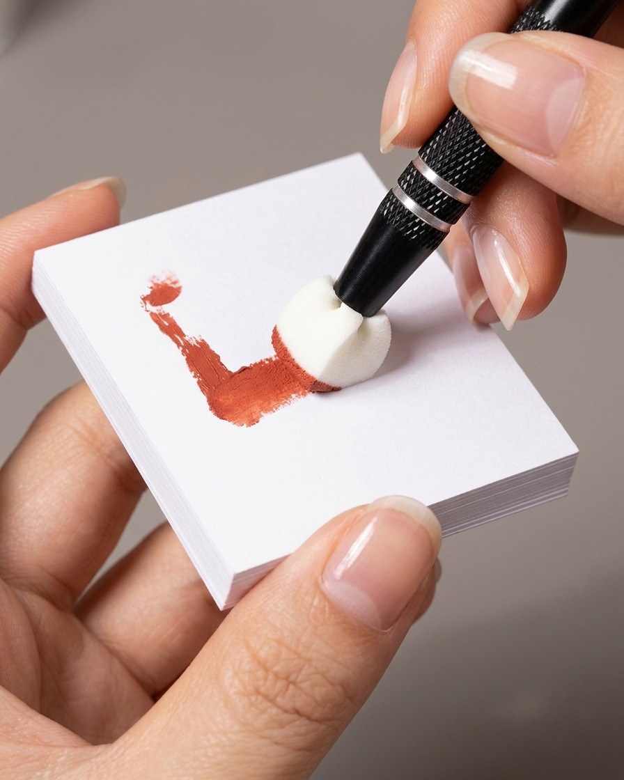 La face plate dune éponge de maquillage prélevant du vernis gel sur une palette.