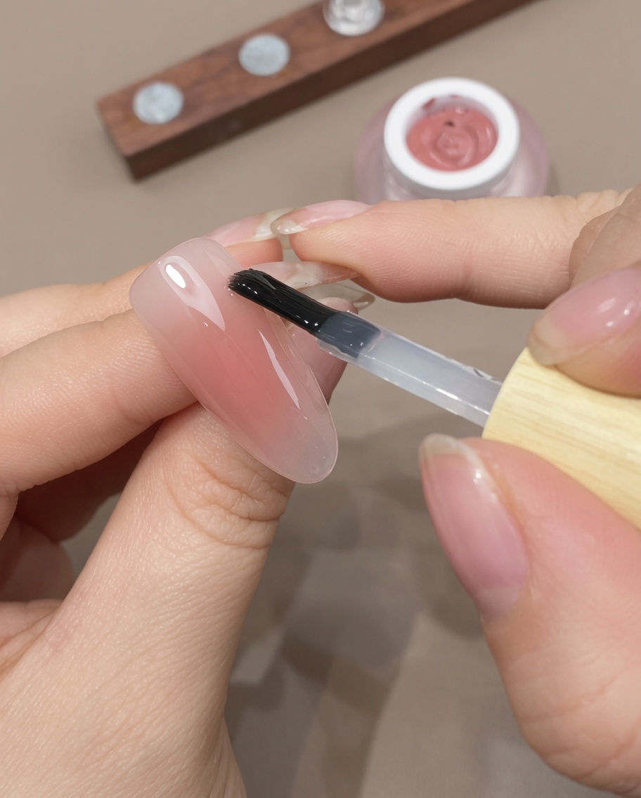 Un pinceau appliquant une couche finale de top coat transparent sur un ongle ombré fini.
