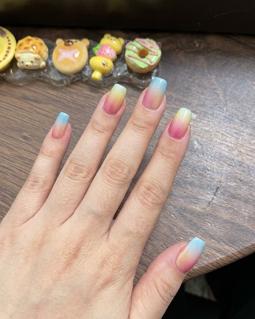 Un doigt placé à lintérieur dune lampe à ongles UV pour catalyser le design en gel dégradé fraîchement mélangé.