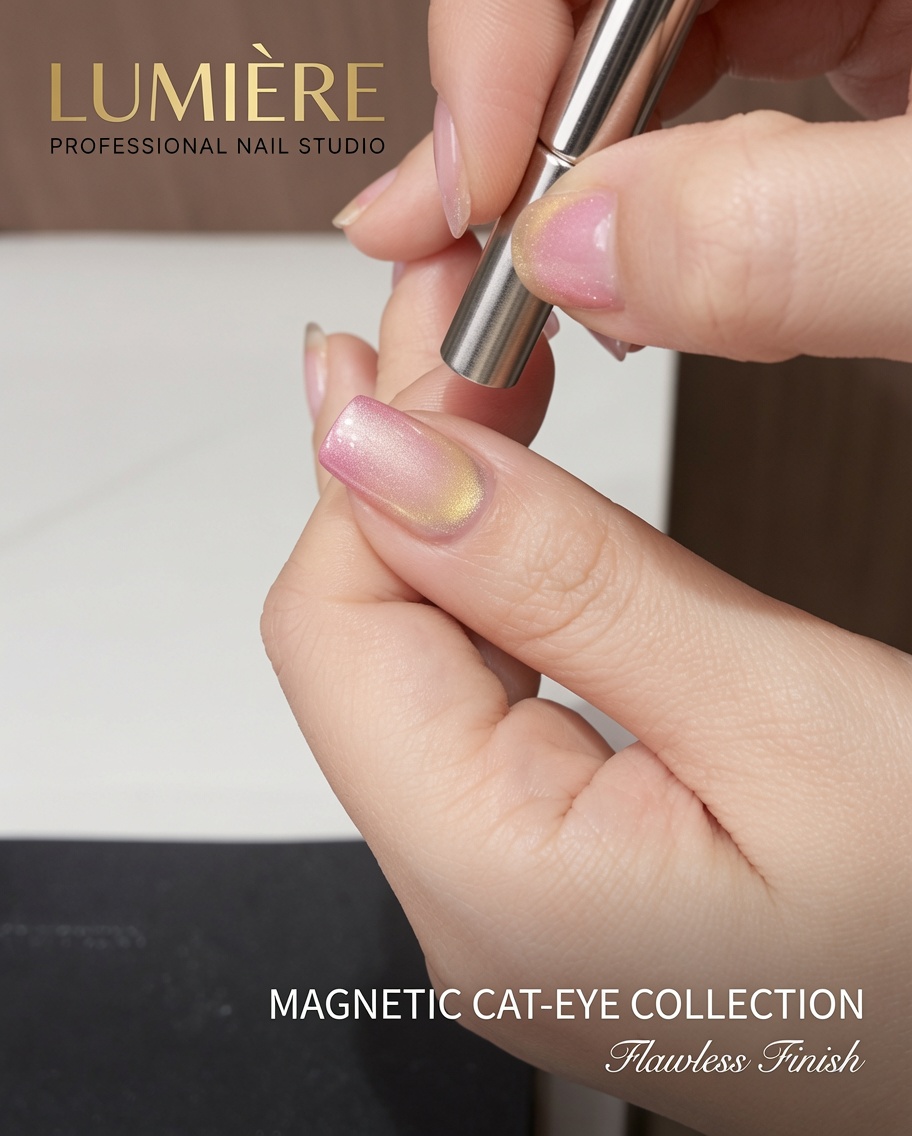 Un aimant positionné sur le côté dun ongle dégradé rose et jaune pour créer un reflet cat-eye.