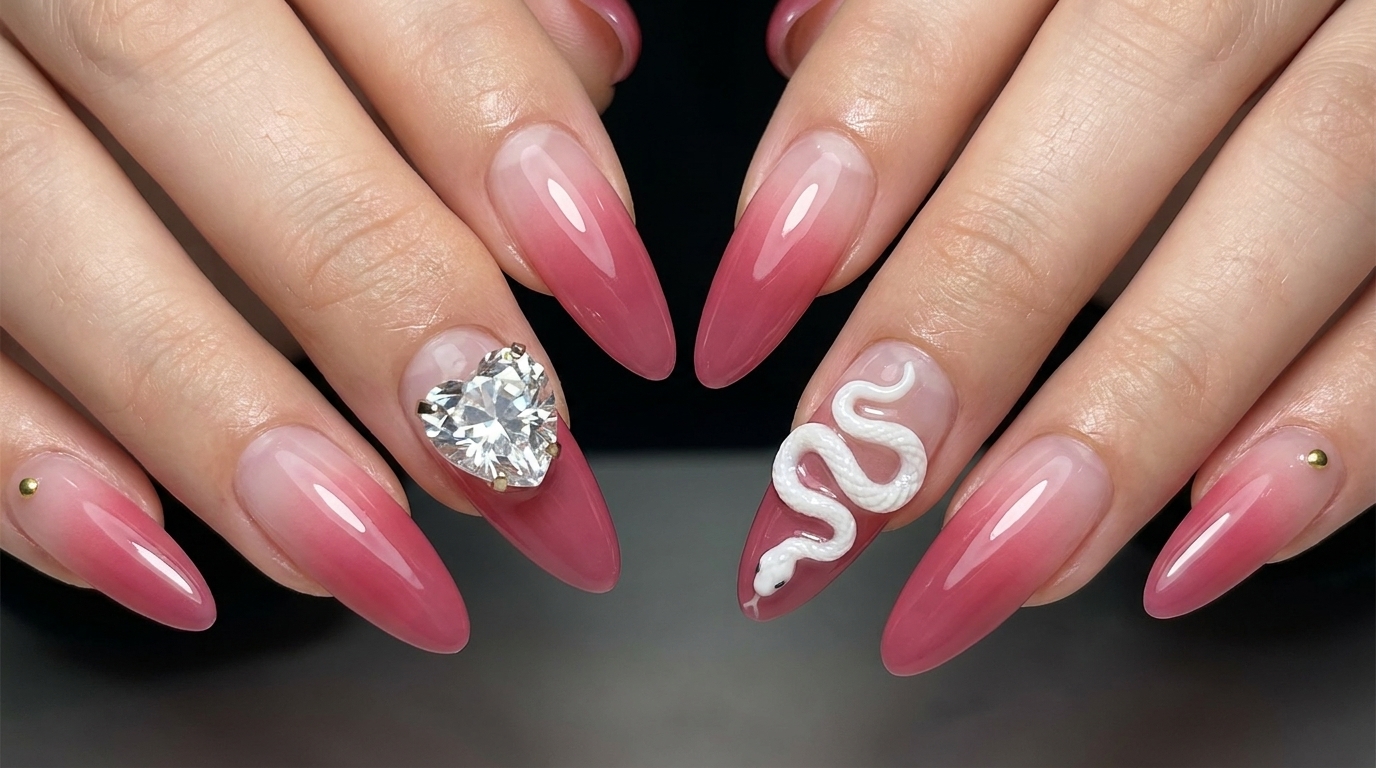 Ongles en dégradé rose tendre : nail art avec serpent 3D et cristaux