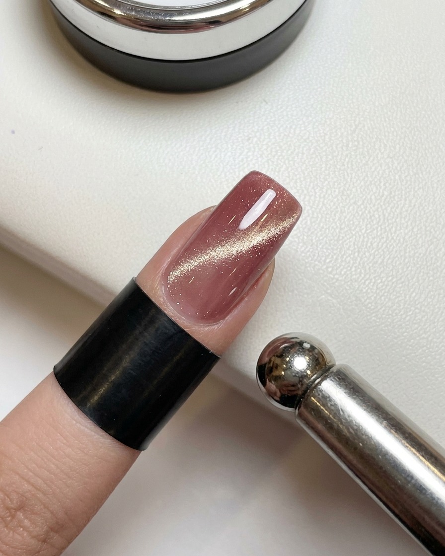 Gros plan dun doigt avec du vernis œil de chat vieux rose humide, montrant un aimant métallique cylindrique tenu près du côté de longle pour créer un large effet scintillant dorécite: 1.