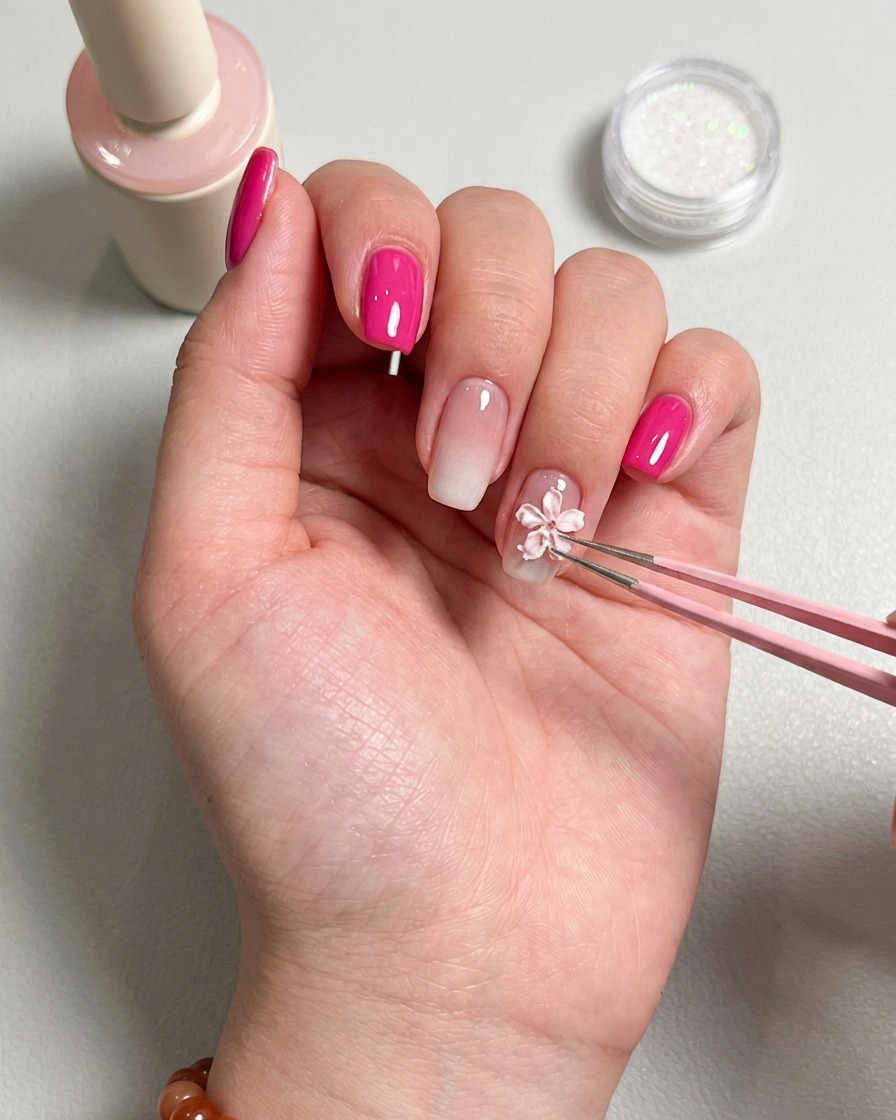Une pince déposant délicatement une fleur 3D blanche sur longle de lannulaire.