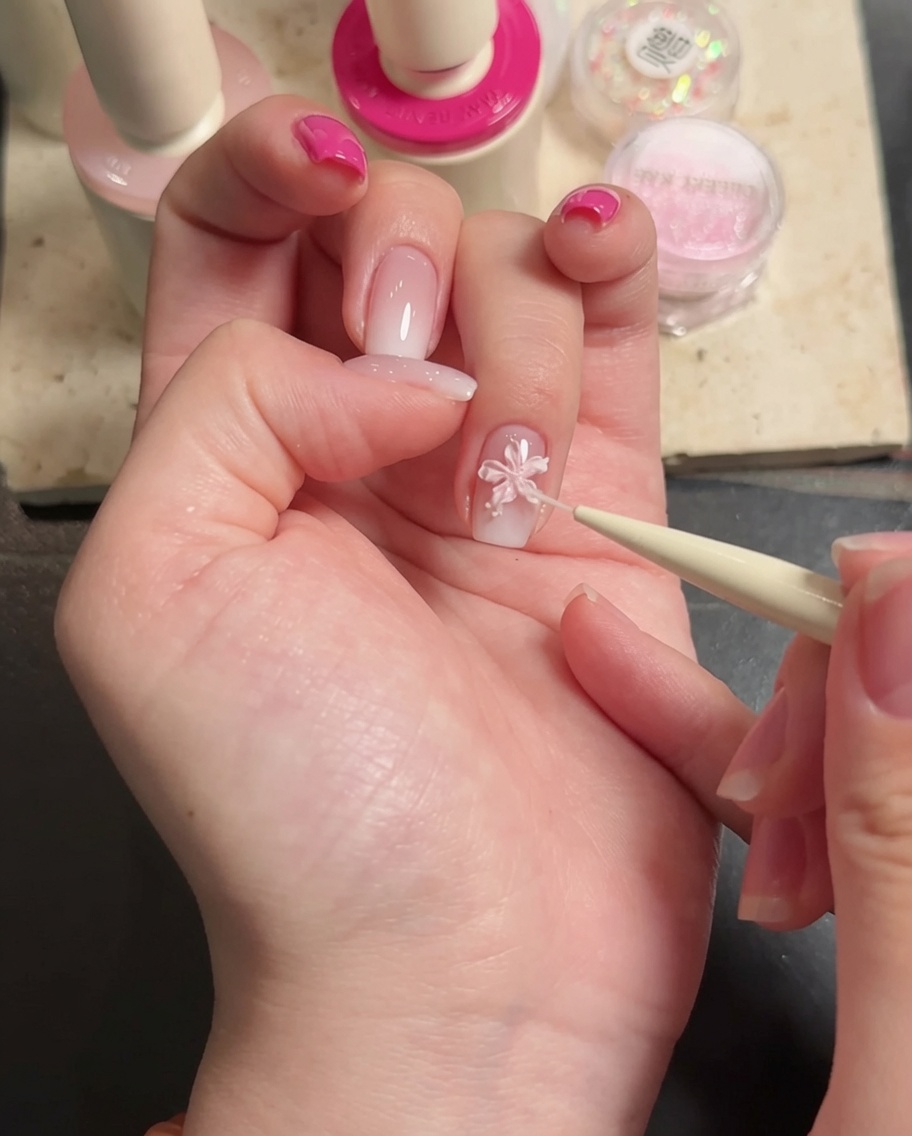 Gros plan dune pince déposant un petit strass décoratif au centre de la fleur 3D.