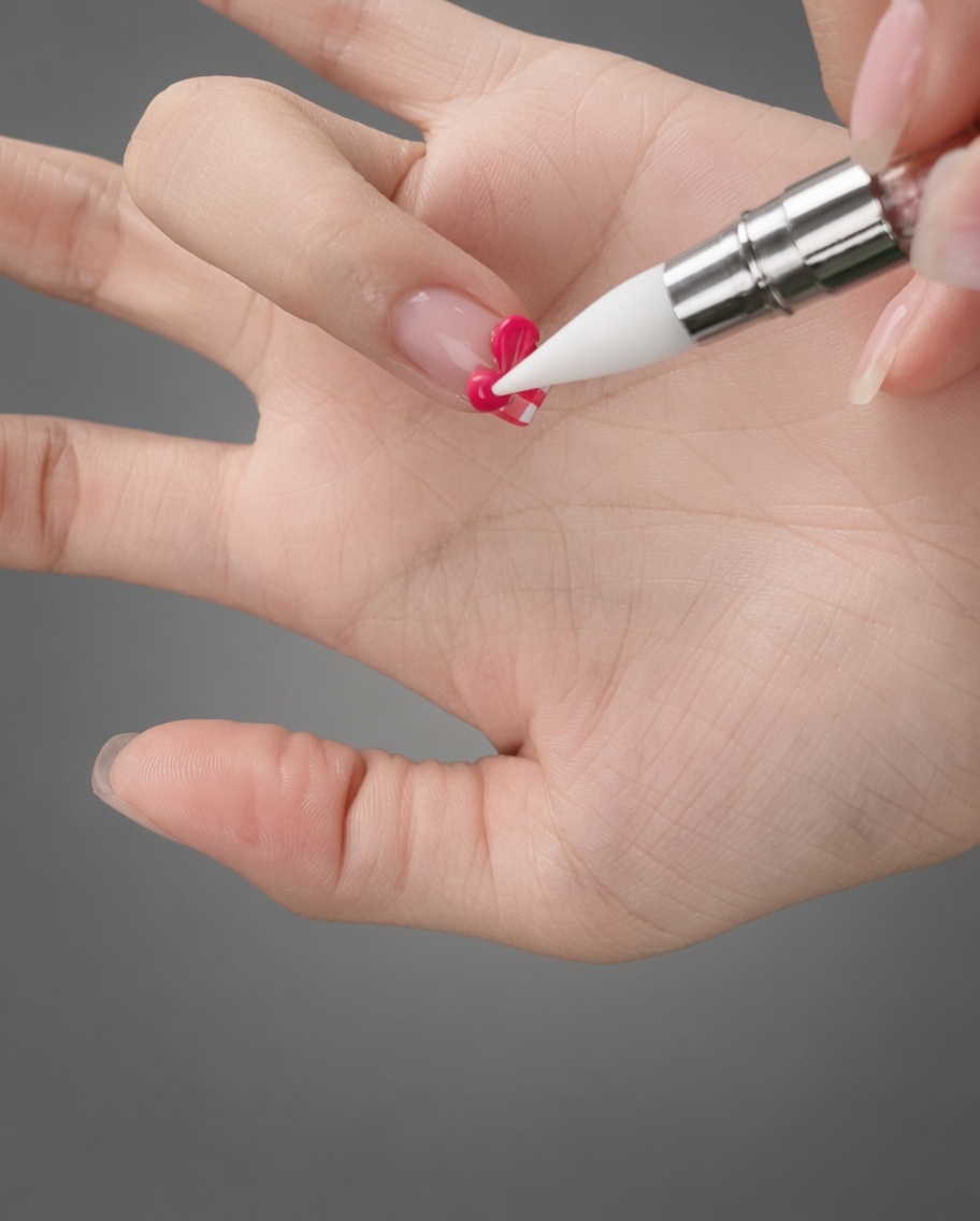 Un pinceau en silicone pressant une perle de gel rose pour sculpter les boucles dun nœud 3D sur un ongle manucuré.