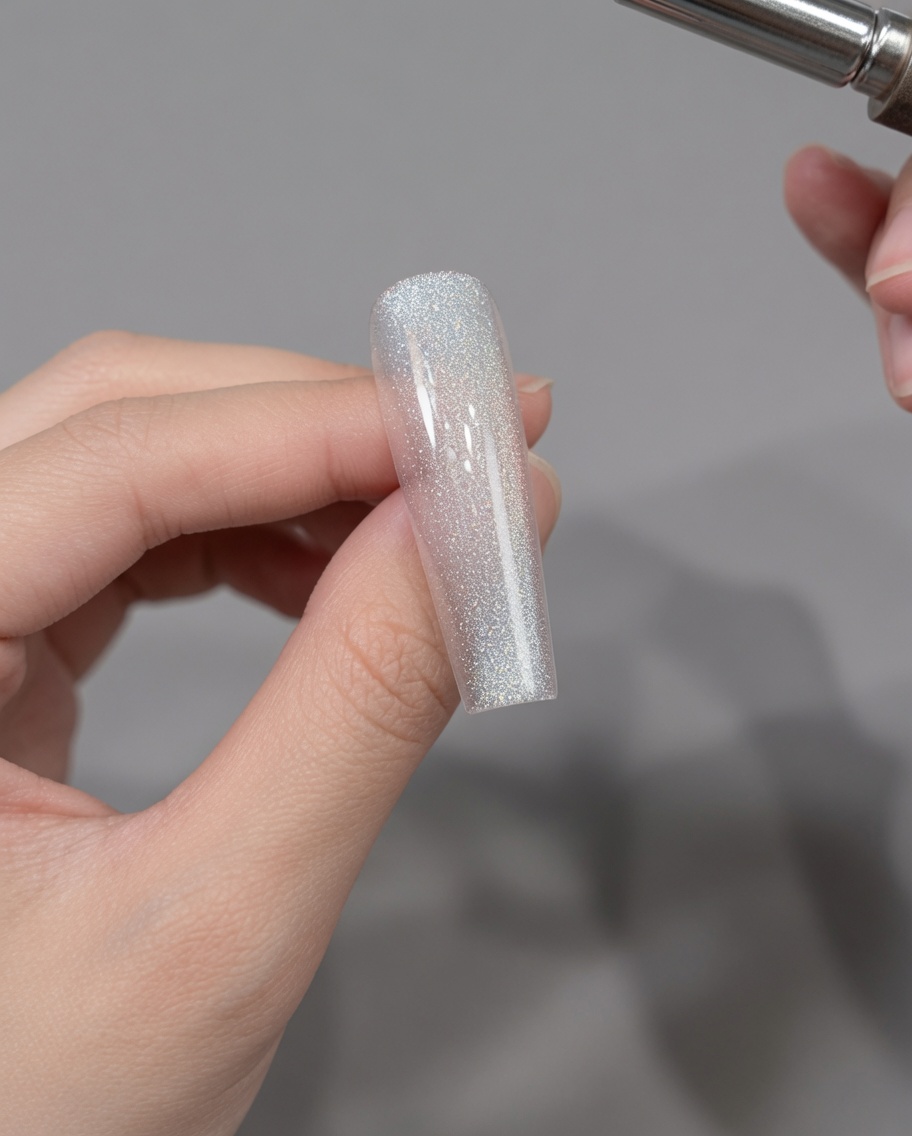 Un aimant maintenu au-dessus dune capsule pour manipuler les particules de gel cat eye en un reflet lumineux.