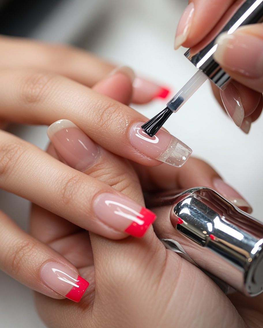 Un pinceau appliquant une fine couche de base gel transparente sur un ongle naturel.