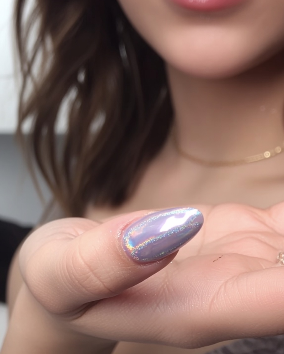 Gros plan dun pinceau doux et touffu brossant lexcès de poudre métallique dun ongle effet chrome.