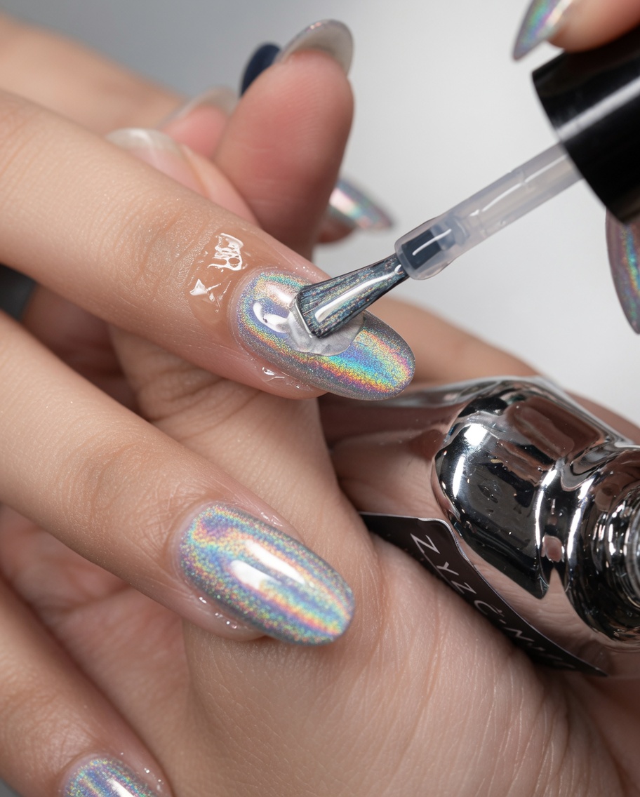 Un pinceau appliquant un top coat brillant et transparent sur un ongle chrome métallique, créant une finition haute brillance.