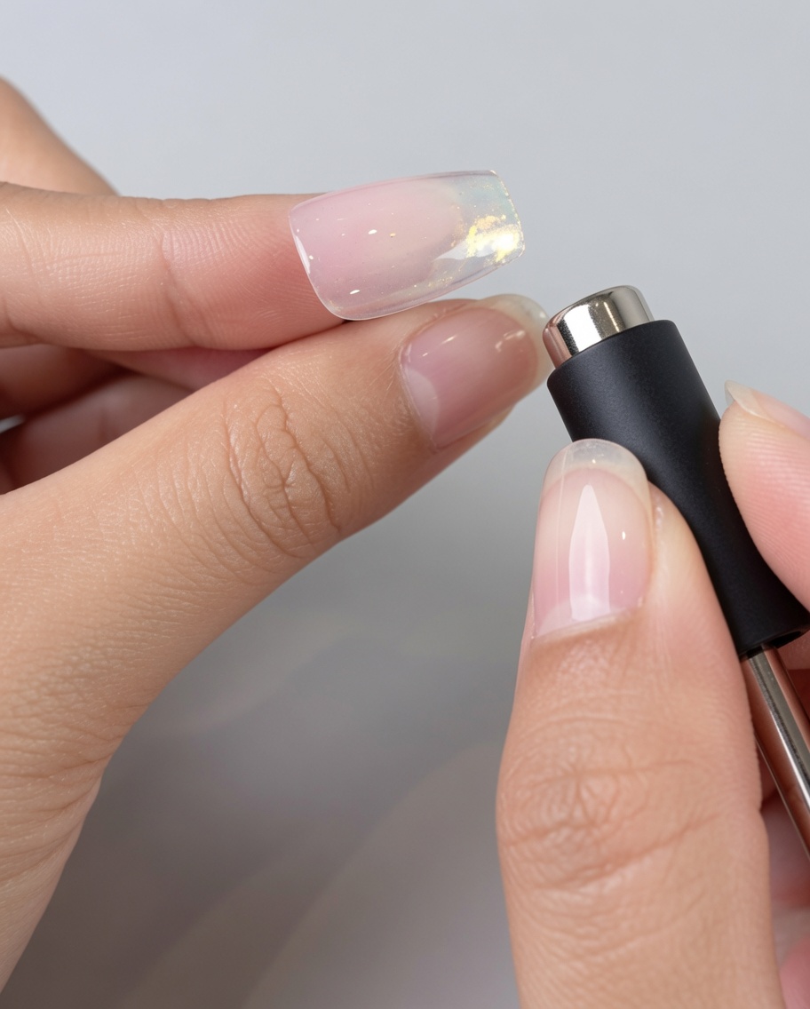 Un aimant tenu près dun ongle recouvert de gel, montrant le déplacement des particules magnétiques.
