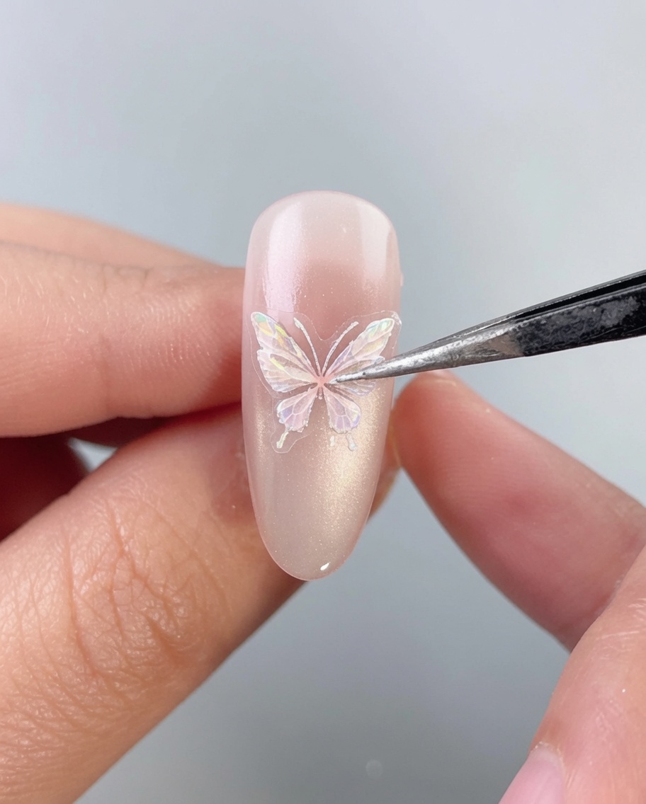 Des pinces de précision plaçant délicatement un sticker papillon holographique au centre dun ongle en amande.