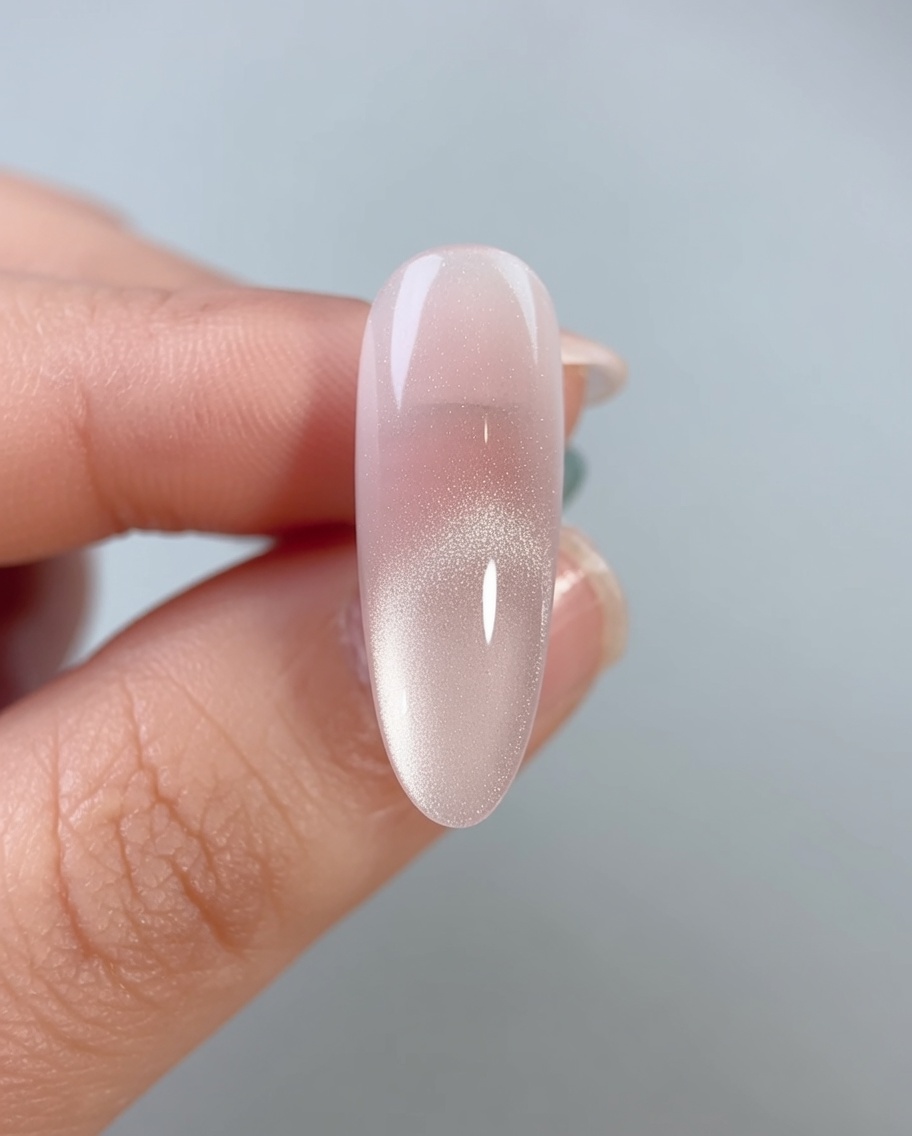 Un pinceau fin dessinant deux lignes courbes de colle transparente en diagonale sur un ongle vernis en rose.