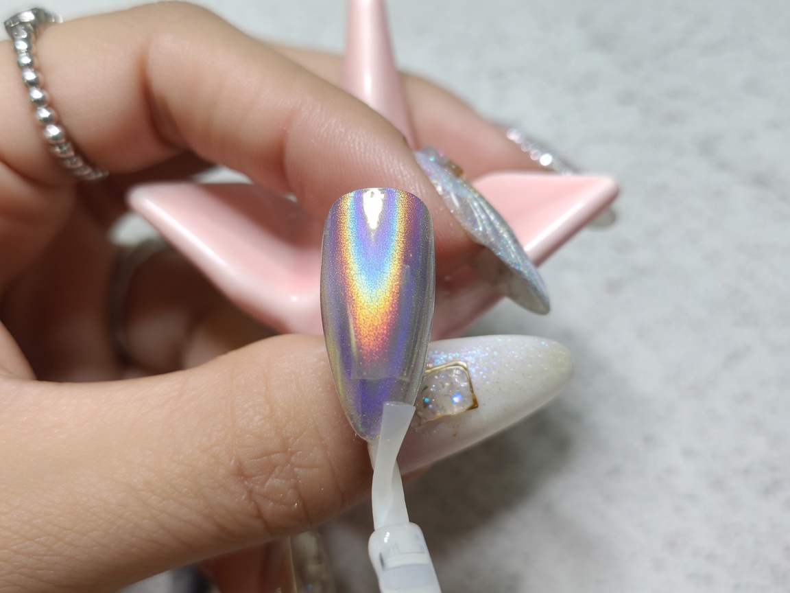 Un pinceau appliquant un top coat mat sur la surface de longle finition chrome.