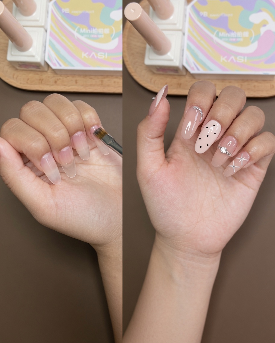 Un dotting tool créant de petits points noirs régulièrement espacés sur un ongle rose clair.