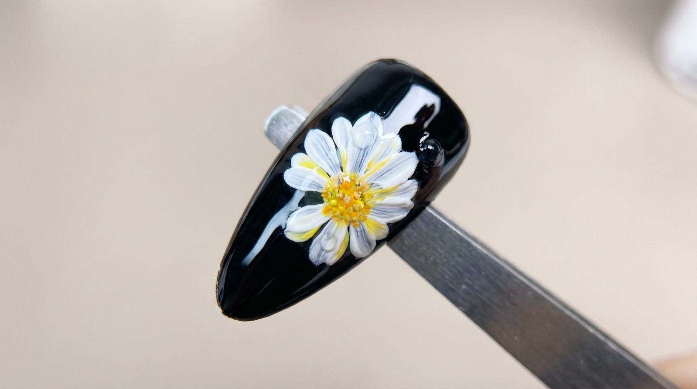 Gros plan sur un ongle stiletto noir brillant orné dune marguerite blanche 3D peinte à la main avec un cœur jaune et orange texturé.
