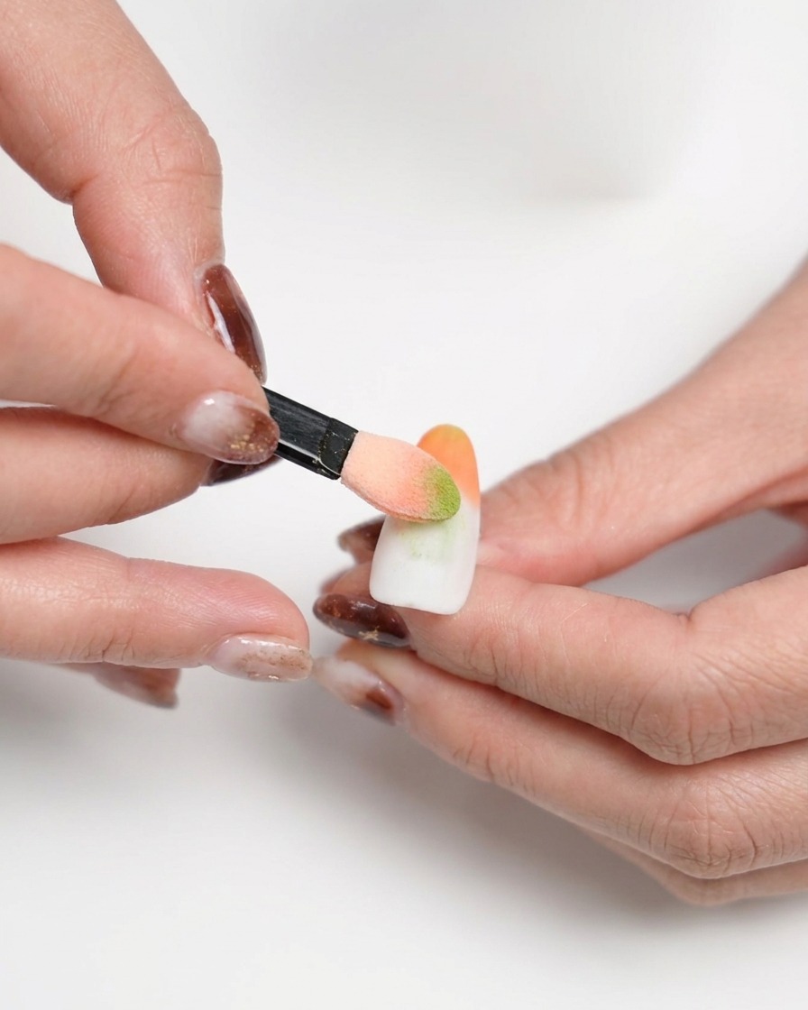 Une main utilisant une éponge pour tamponner du orange sur la pointe dun ongle blanc mat.
