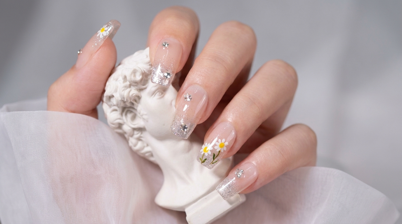 Manucure gel : Marguerites peintes à la main et dégradé pailleté