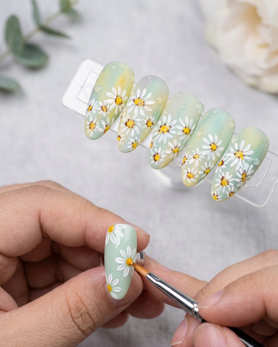 Un outil de dotting appliquant une goutte de gel épais transparent sur un ongle au fini mat.