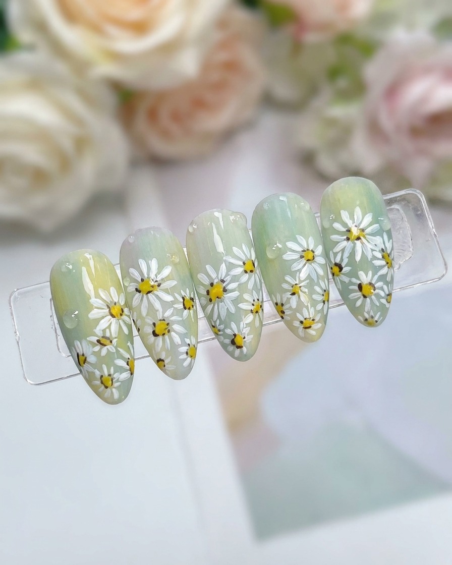 Vue macro dun ongle avec des gouttes de gel transparent disposées stratégiquement sur le motif floral.