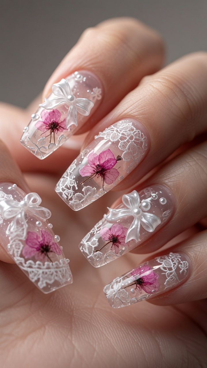 Tutoriel Ongles Gel : Fleurs Séchées, Dentelle et Nœuds 3D