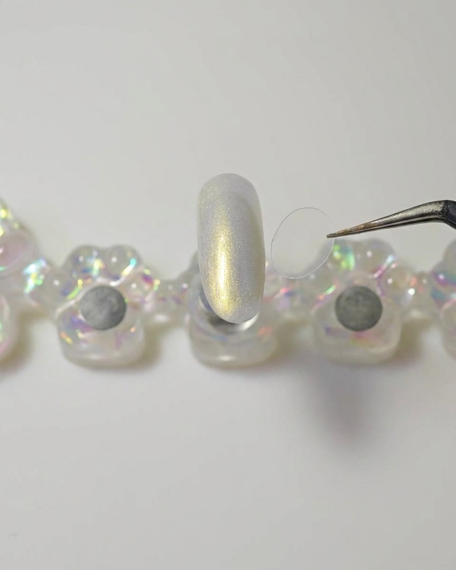 Une pince tenant un petit disque en plastique transparent au-dessus dun ongle manucuré.