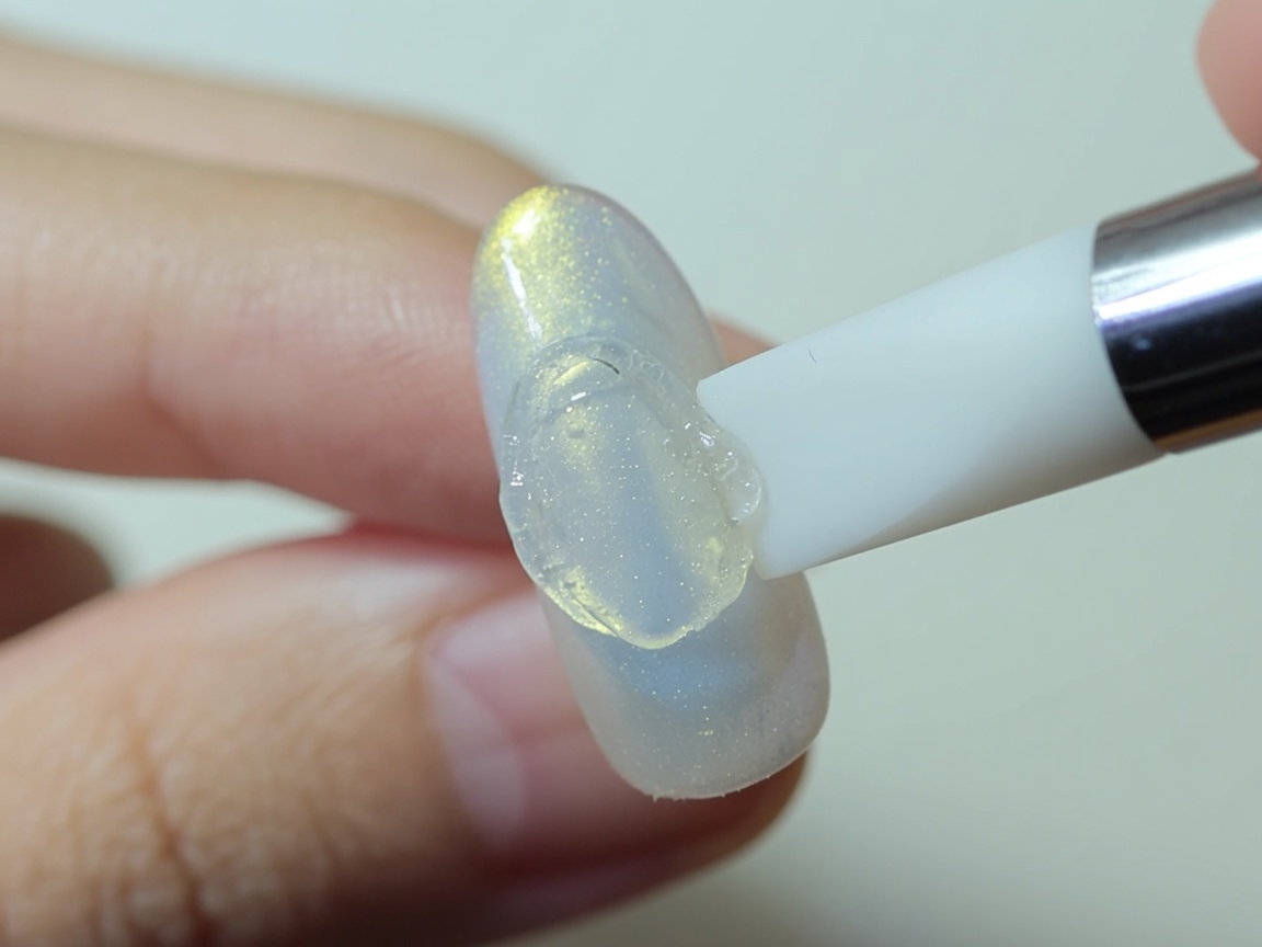 Un pinceau appliquant une fine couche de vernis gel blanc sur la base en plastique dun ongle.