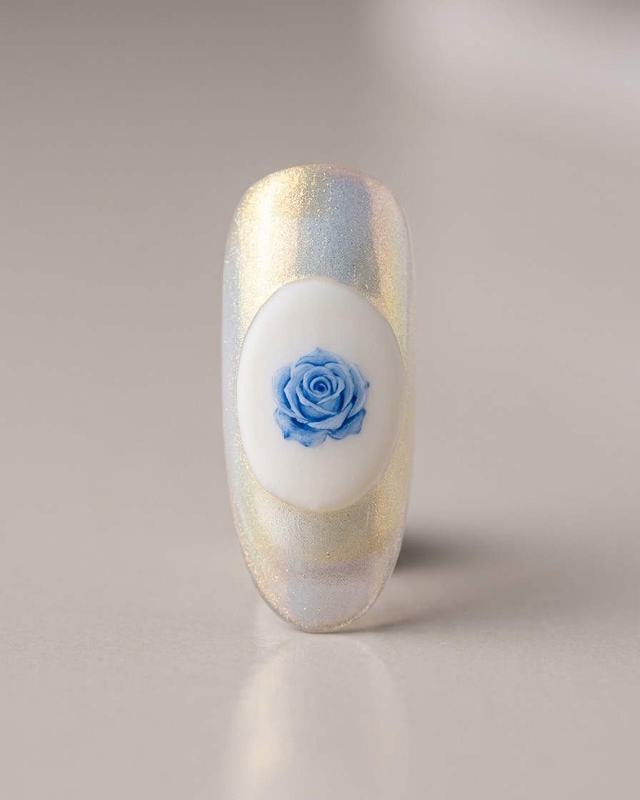 Un pinceau fin détaillant un petit motif de rose bleu clair sur une base ovale blanche.