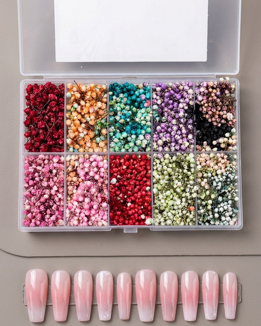 Une pince déposant soigneusement une petite fleur séchée sur la surface dun ongle manucuré.