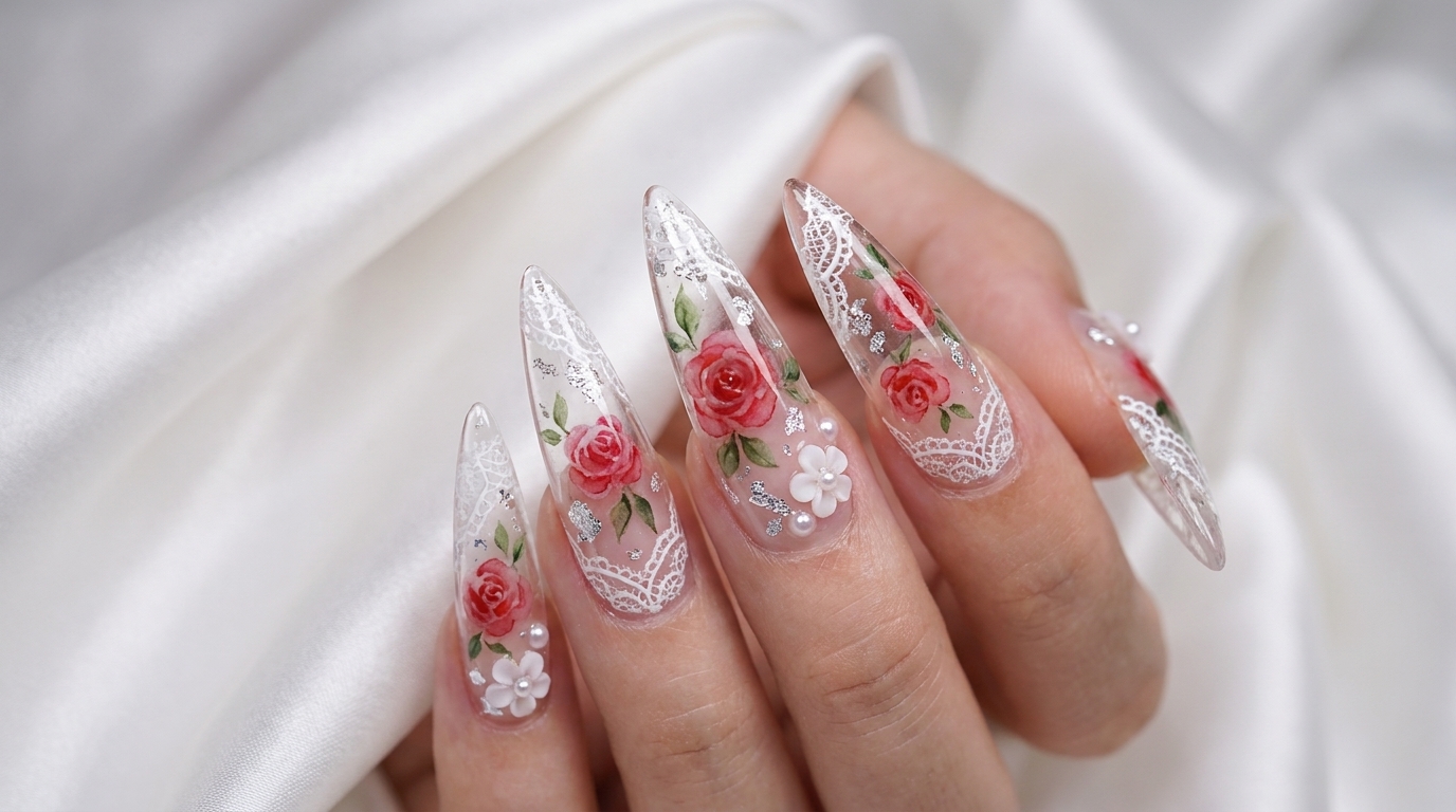Tutoriel : Ongles Stiletto avec Roses Aquarelle et Effet Dentelle