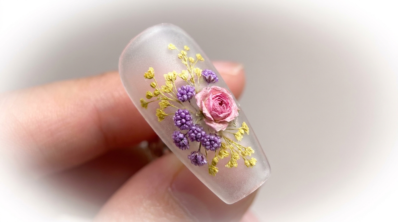 Nail Art aux Fleurs Séchées Encapsulées : Tutoriel Effet Givré