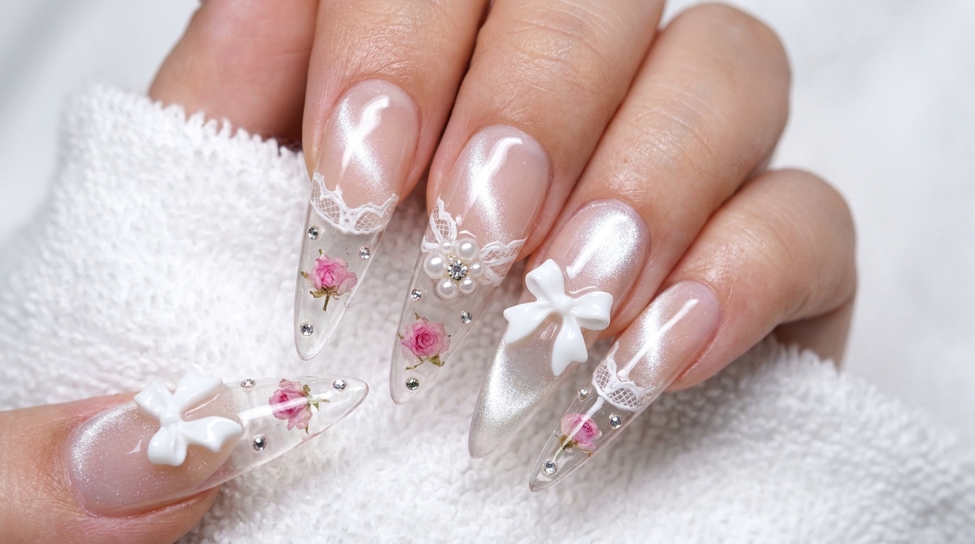 Ongles Effet Givre avec Roses Séchées, Cat-Eye et Nœuds 3D — Tutoriel Étape par Étape
