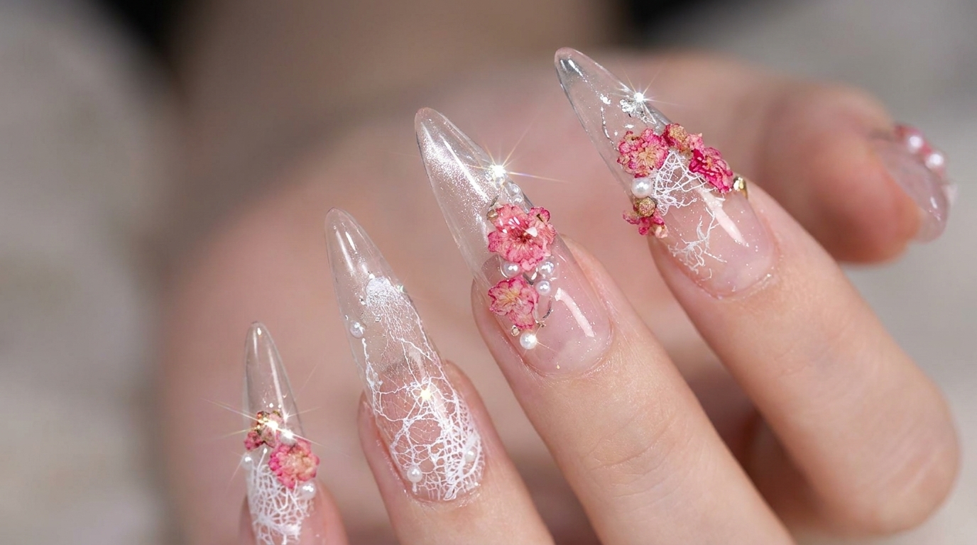 Manucure Éthérée Fleurs Séchées et Dentelle — Tutoriel Étape par Étape