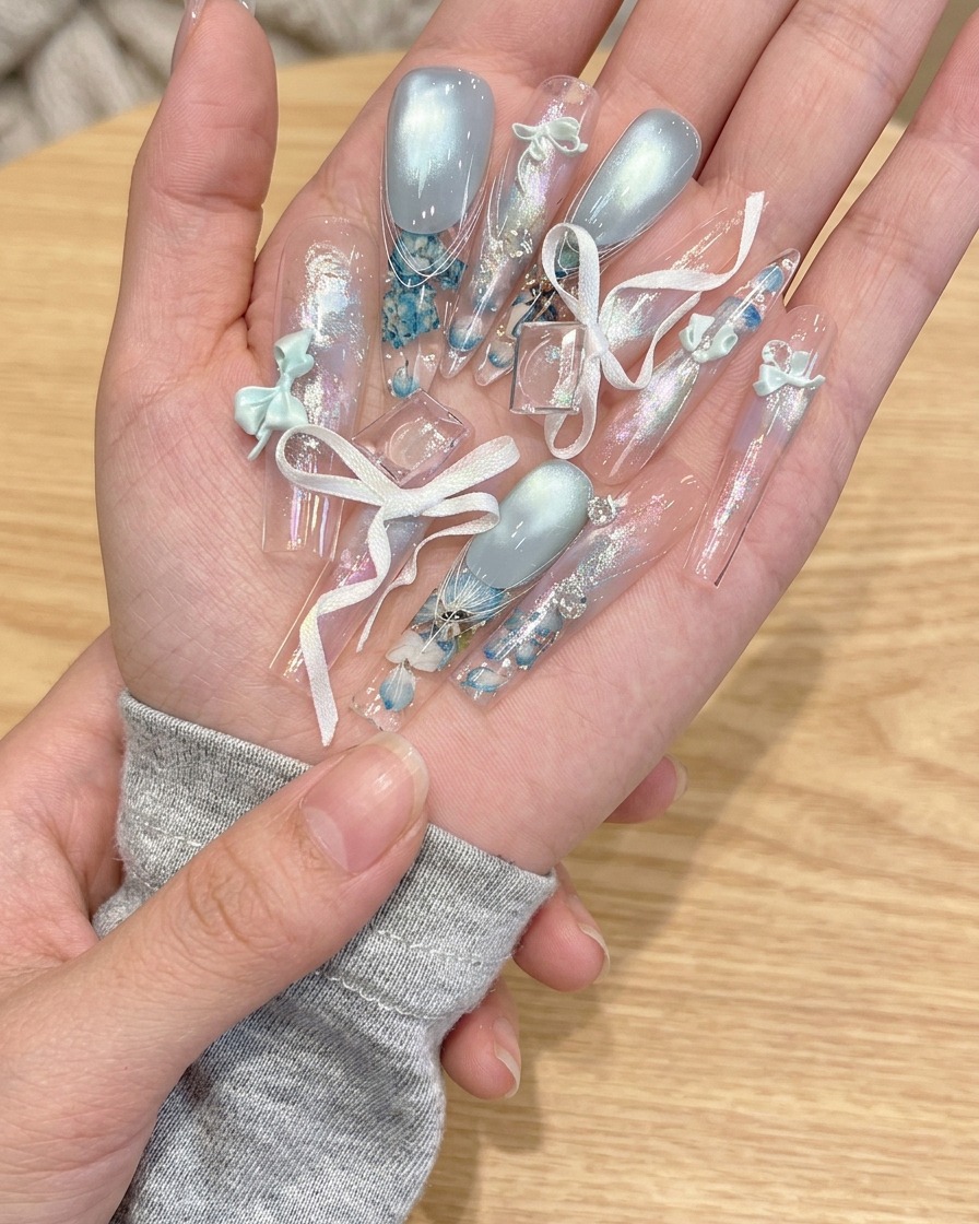 Une capsule stiletto transparente collée sur longle naturel à laide dune colle à pinceau.