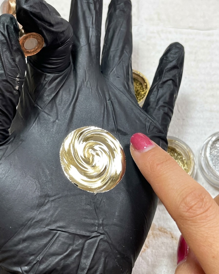 Un doigt ganté frottant un mélange de poudres métalliques or et argent sur un motif en tourbillon.