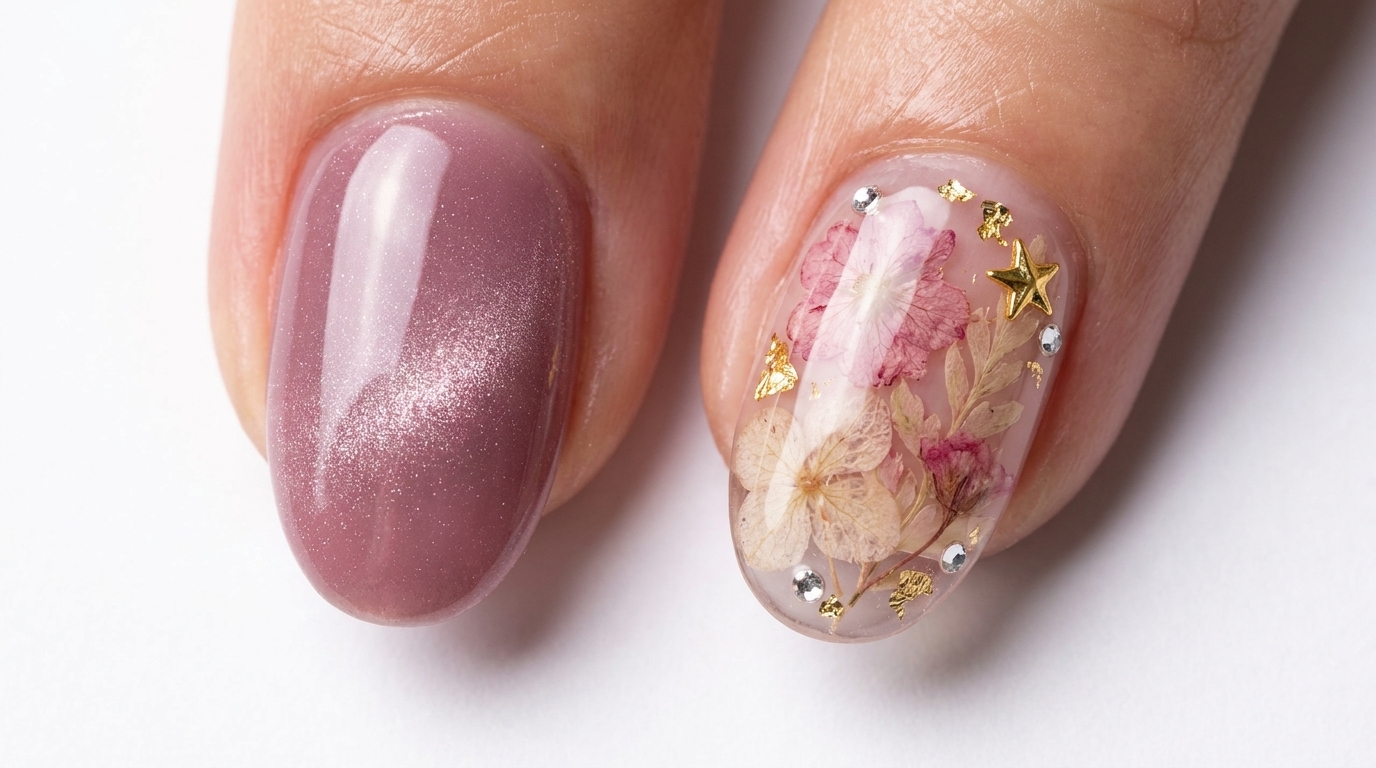 Tutoriel Ongles : Cat-Eye Mauve et Fleurs Séchées