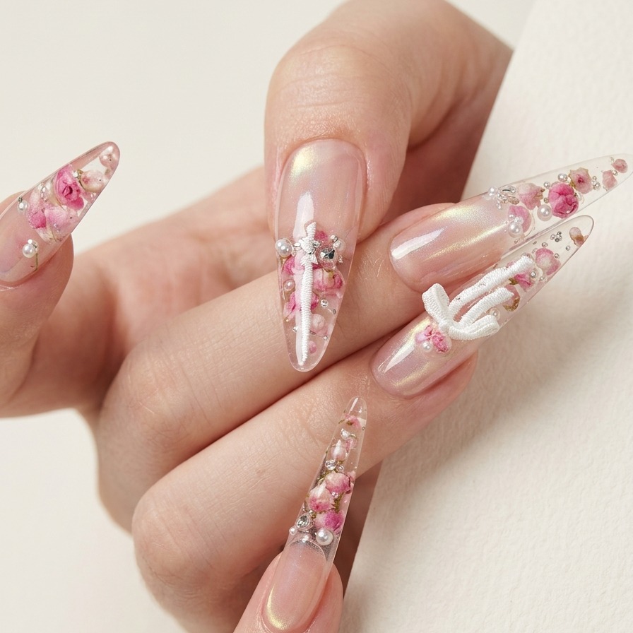 Une pince à épiler plaçant de petits pétales de roses séchées sur le dessous dun embout dongle transparent.