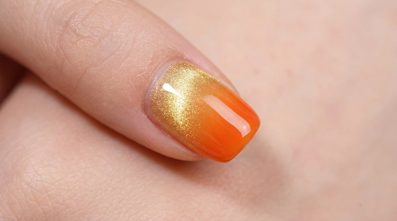 Superbes ongles dégradés effet œil-de-chat orange coucher de soleil avec une base dorée scintillante et une finition ultra-brillante.