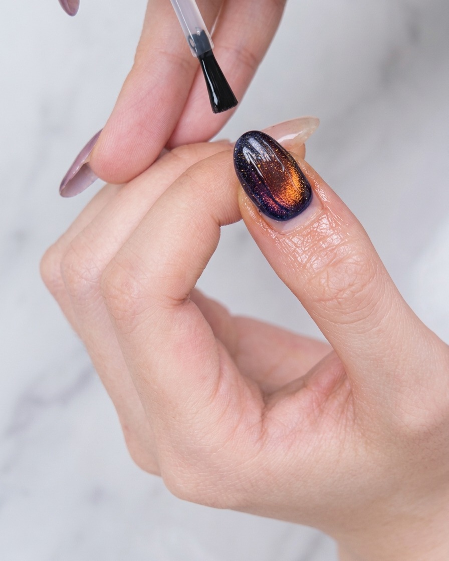 Un pinceau appliquant une couche de top coat transparent et brillant sur un ongle en gel cat eye bleu foncé et ambre.